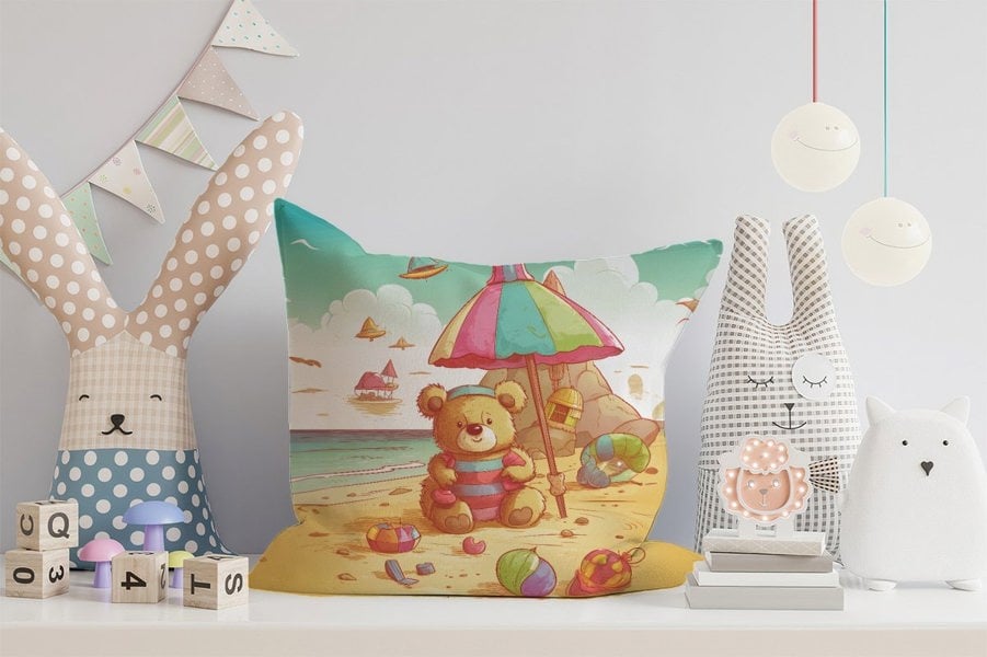 Warren Reed Lucky Teddy Bear On A Beach Holiday Cushions