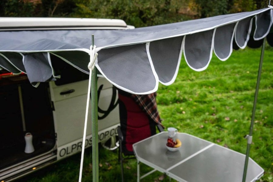 Charcoal Shade Campervan Canopy OLPRO showing the bunting style detailing around the edge