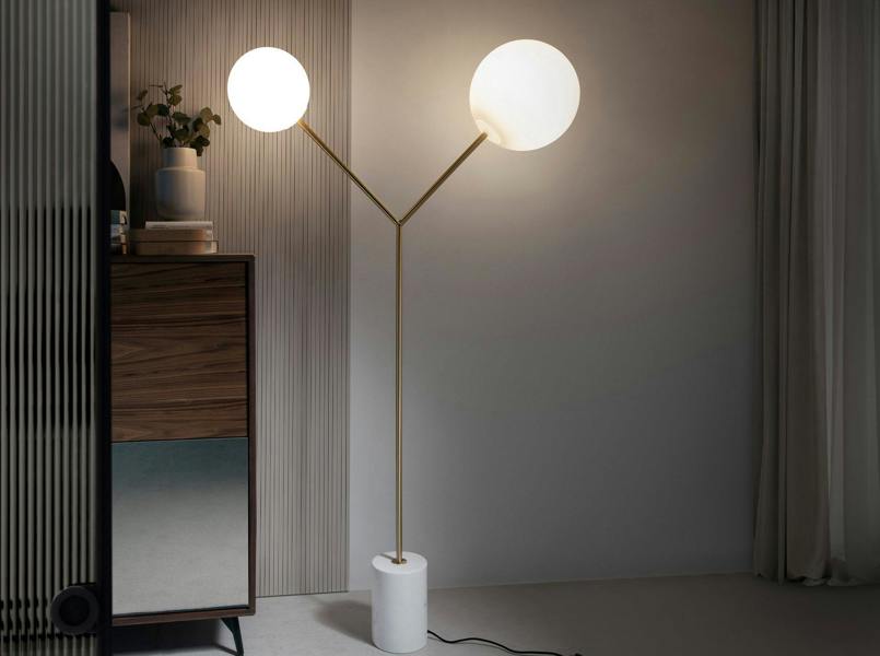Angel Cerdá Floor Lamp in White Marble, Golden Steel and White Glass 8048