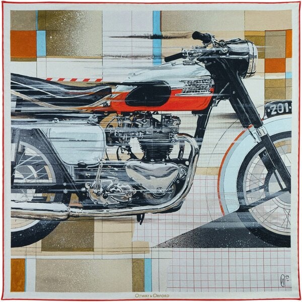 Otway & Orford 'Vintage Velocity' motorcycle silk pocket square in red, pale blue, black & brown (42 x 42cm)