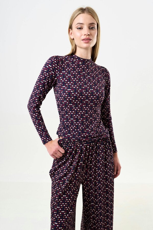 Gilly Retro Dots Print Long Sleeve Top
