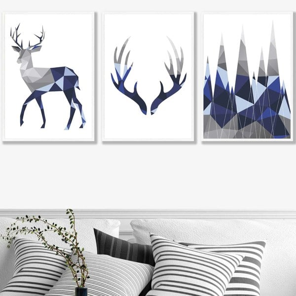 Artze Wall Art Geometric Navy Blue Grey Stags Framed Wall Art Set
