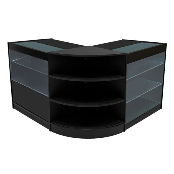 Black Calliope LED shop counter set featuring sleek glass display shelves and a modern, curved design for retail spaces