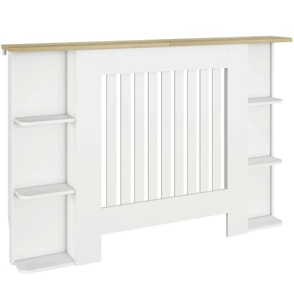 White radiator cover cabinet with open storage shelves and vertical slatted front panel