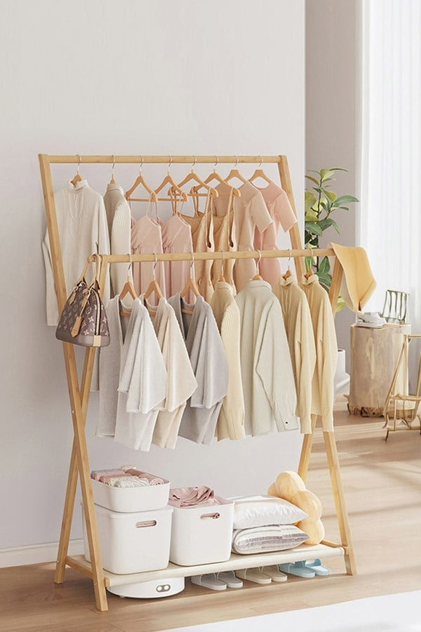 Living and Home 2-Rod Bedroom Floor Stand Solid Wooden Cloak Coat Rack Garment Shelf Holder