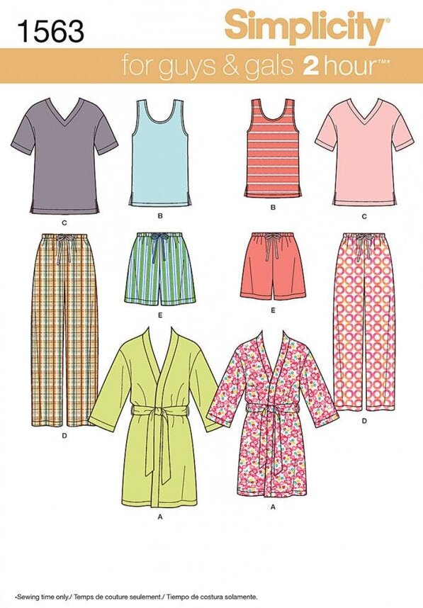Simplicity Sewing Pattern 1563, Robes, Trousers, Pyjamas, Shorts, Tops for Men, Teenagers, Women, XS-S-M-L-XL - Easy