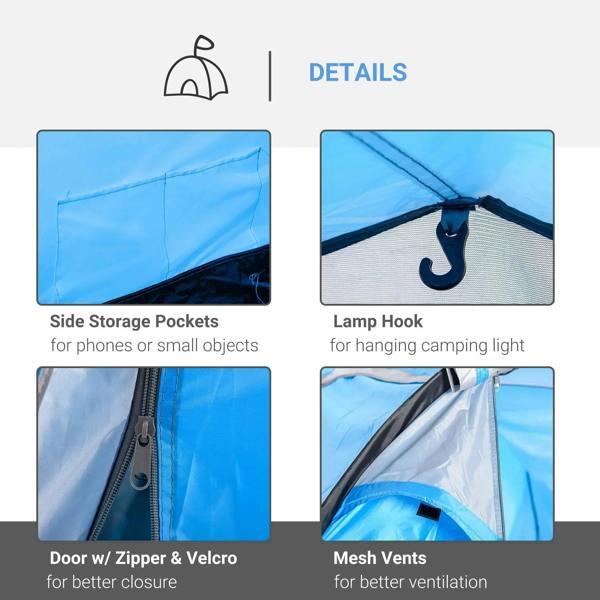Blue tunnel tent features: storage pockets, lamp hook, mesh vents, zipper door