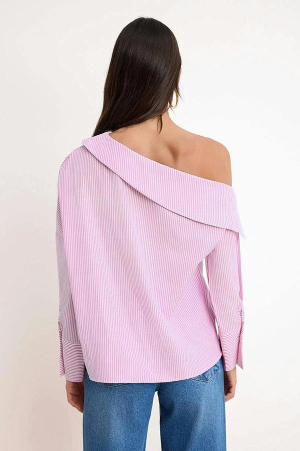 WOVCOR Asymmetric Neck Long Sleeve Woven Blouse