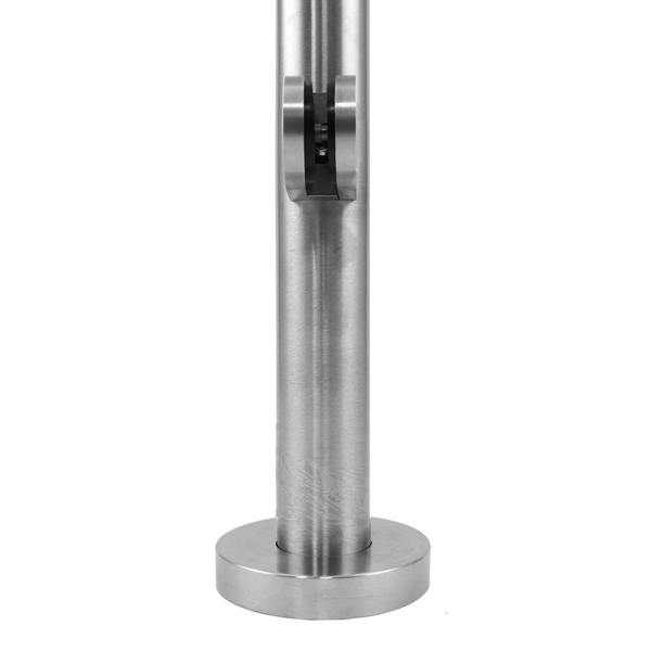 Stainless steel balustrade end post, 90cm high, featuring a sleek cylindrical design with a brushed finish and sturdy base