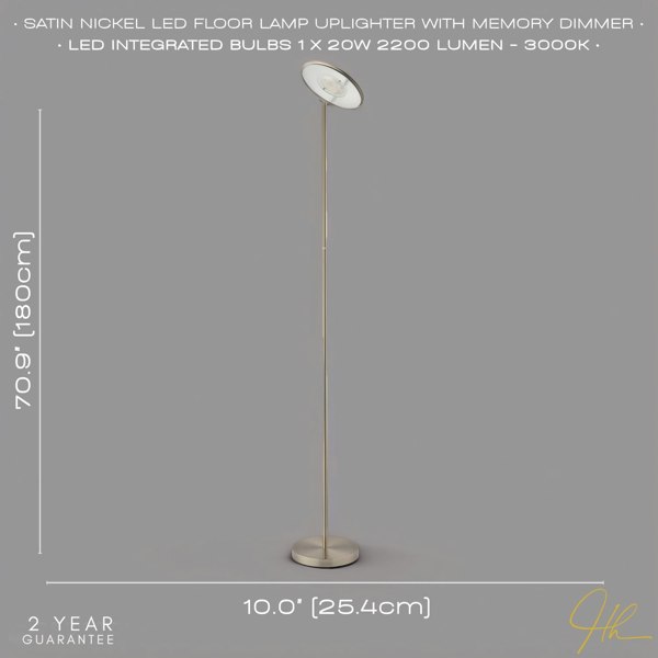 Modern LED Uplighter Metal Floor Lamp in Satin Nickel with Memory Dimmer Button Image 6