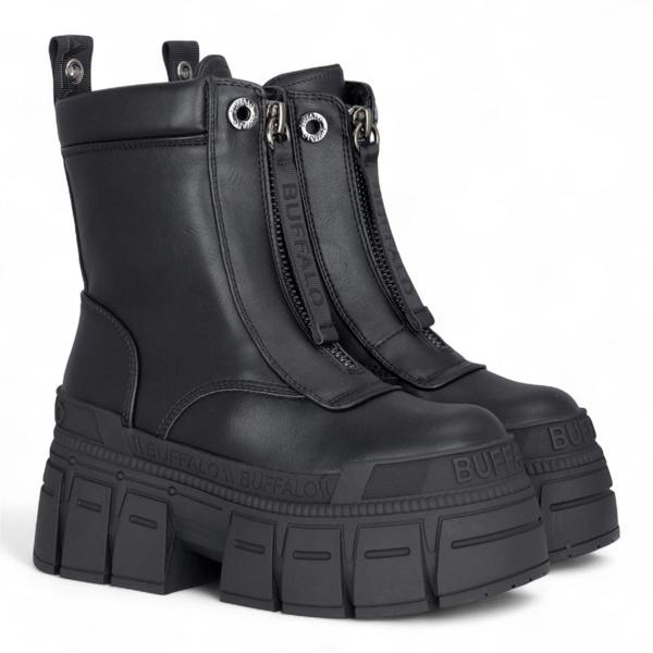 Buffalo Womens Black Chunky Platform Front Zip High Ankle Combat Boots - Gospher