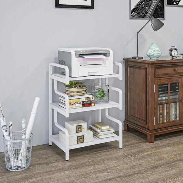 White 3-tier printer stand with printer, plants, and books on open shelves