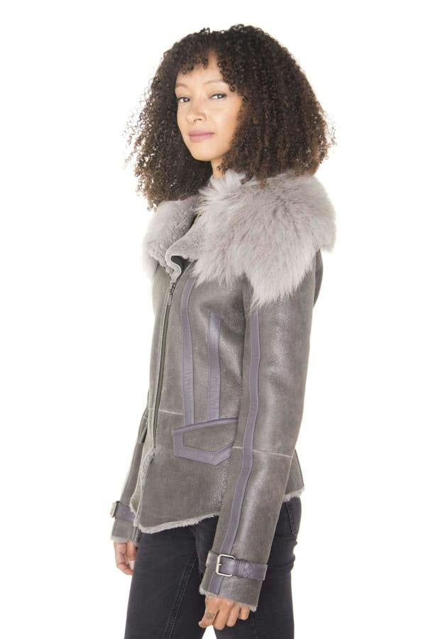 Infinity Leather Womens Grey Toscana Shearling Flying Jacket-Teresina