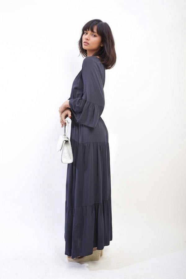 Leah Ruffle Hem Sleeve Shirred Waist Tiered Maxi Dress - Navy