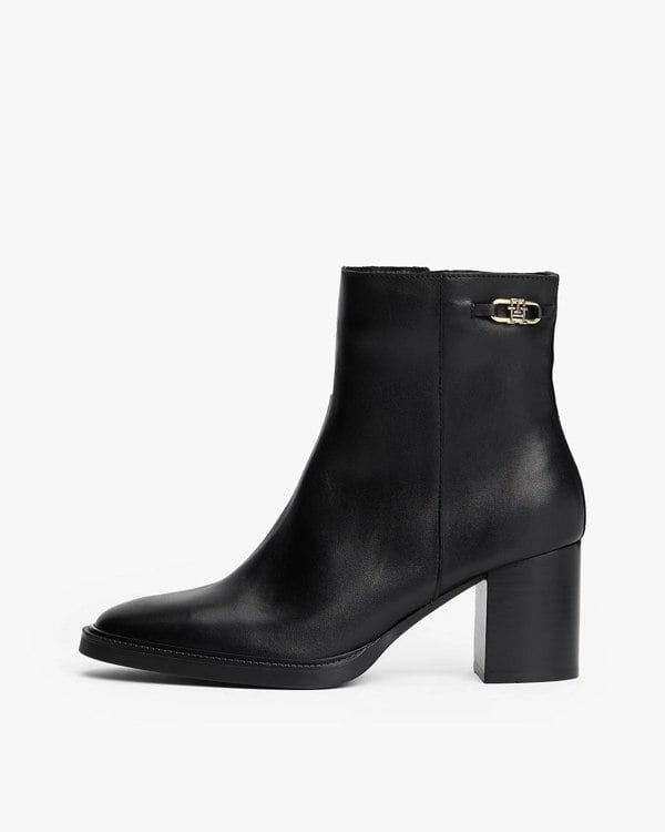 Tommy Hilfiger Stacked Heel Leather Womens Ankle Boots - Black