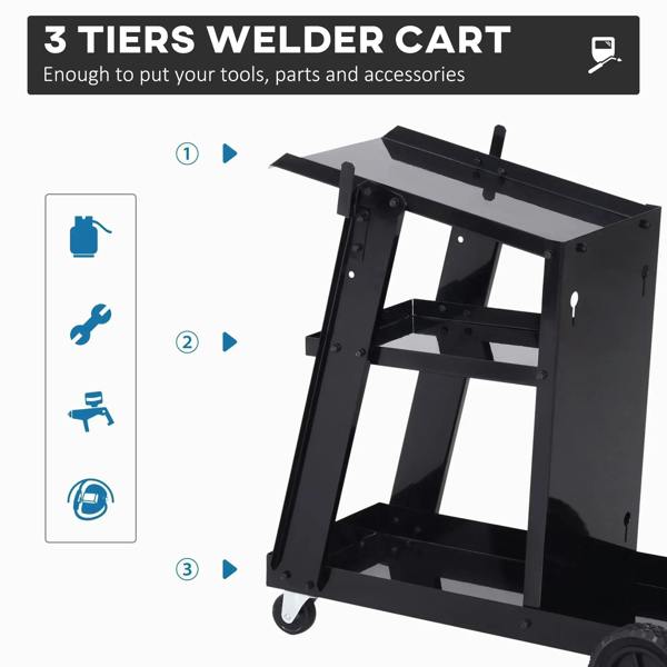 Black 3-tier welding cart with rack frame, safety chain hooks, and caster wheels