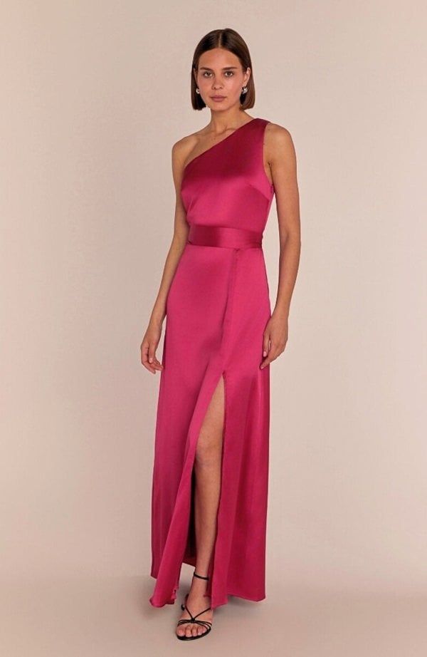 Rewritten London Porto Dress in Hot Pink Satin