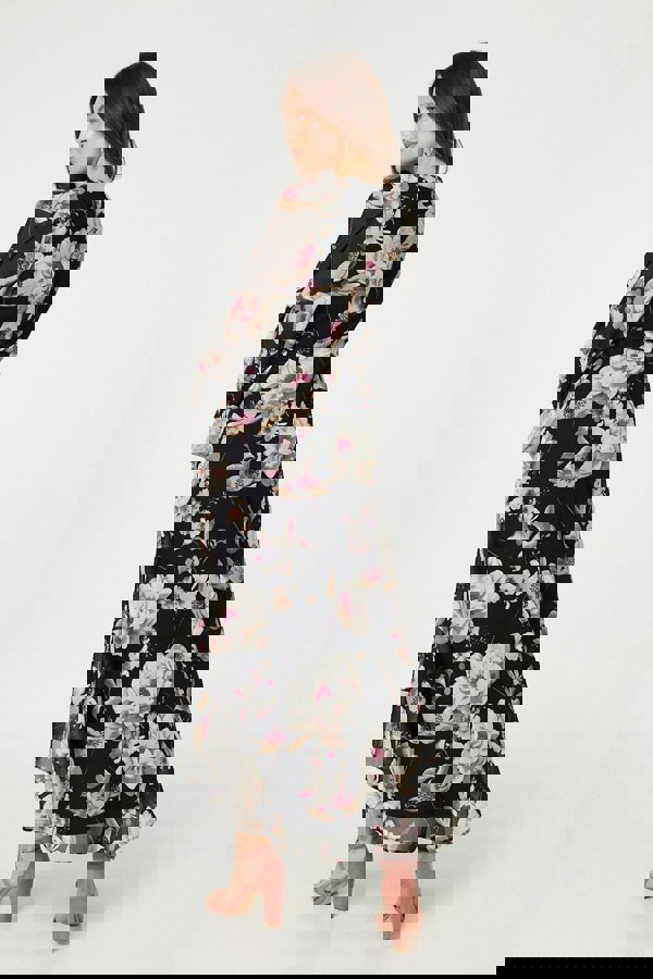 Black | Floral Long Sleeve Tie Waist Wrap Midi Dress
