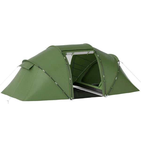 Dark green tunnel camping tent with open front entry and sheltered interior space