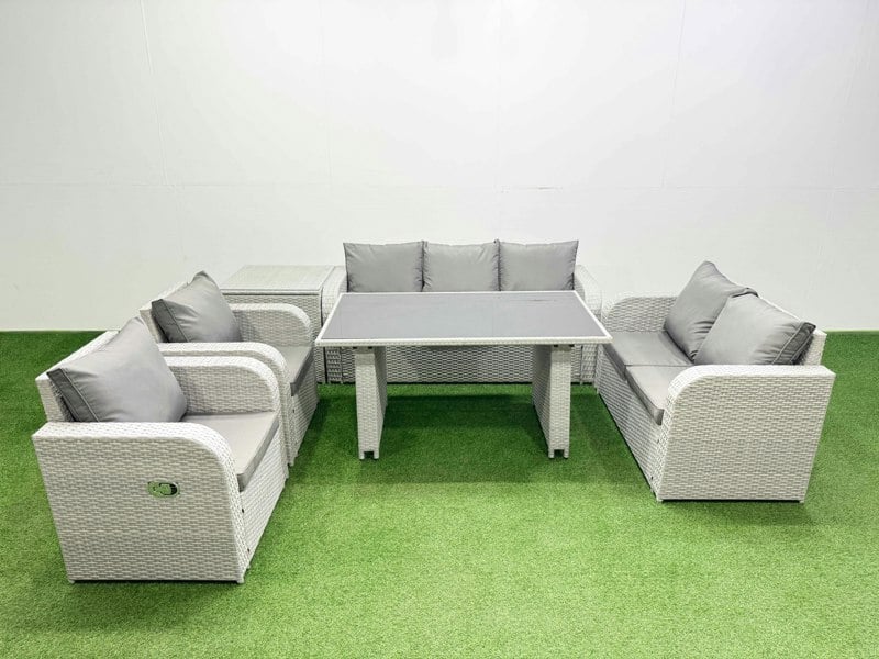 Fimous 7 Seater Garden Furniture Set PE Rattan Garden Sofa Set with Rectangular Dining Table Side Table Light Grey