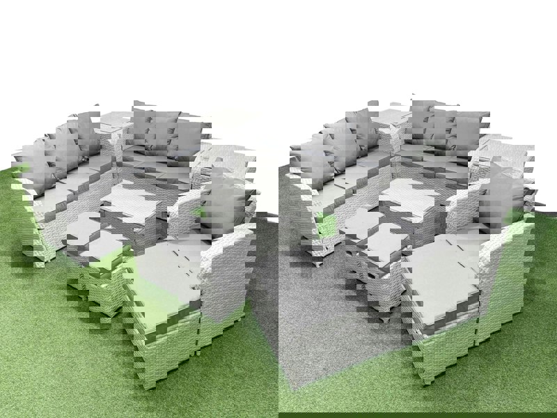 Fimous 10 Seater Poly Rattan Outdoor Garden Furniture Sofa Set Patio 3 Seater Sofa Reclining Chair 3 Seater Sofa 3 Stools 2 Side Table Light Grey