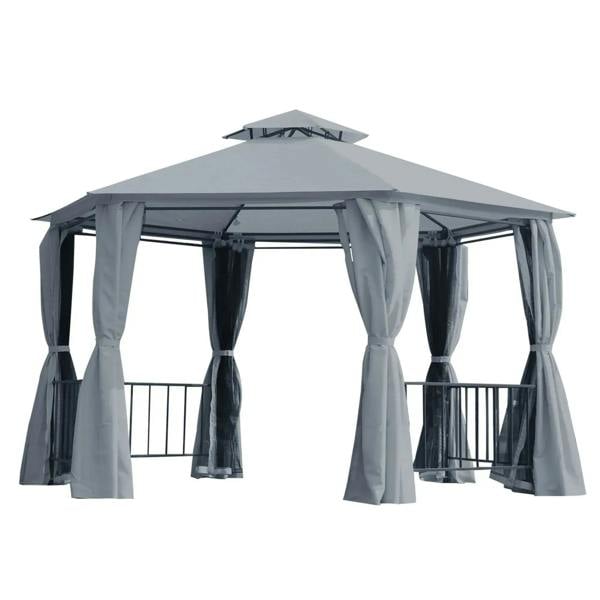 Grey hexagon gazebo patio canopy with 2-tier roof and hanging side curtains, open front