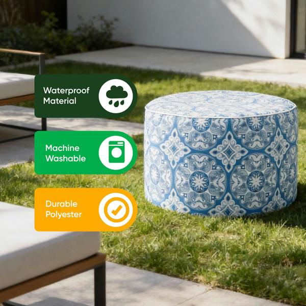 Gardenwize Outdoor Pouf Ottoman – Jacquard Blue Inflatable Footstool
