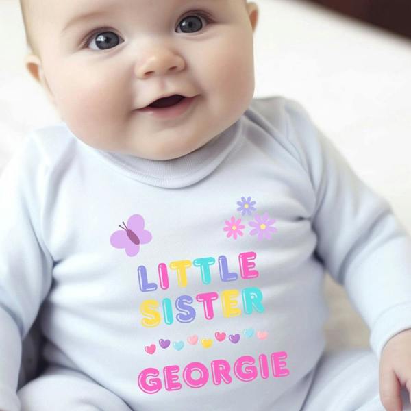 Personalised Little Sister Baby Grow, Vest or Bib with Name