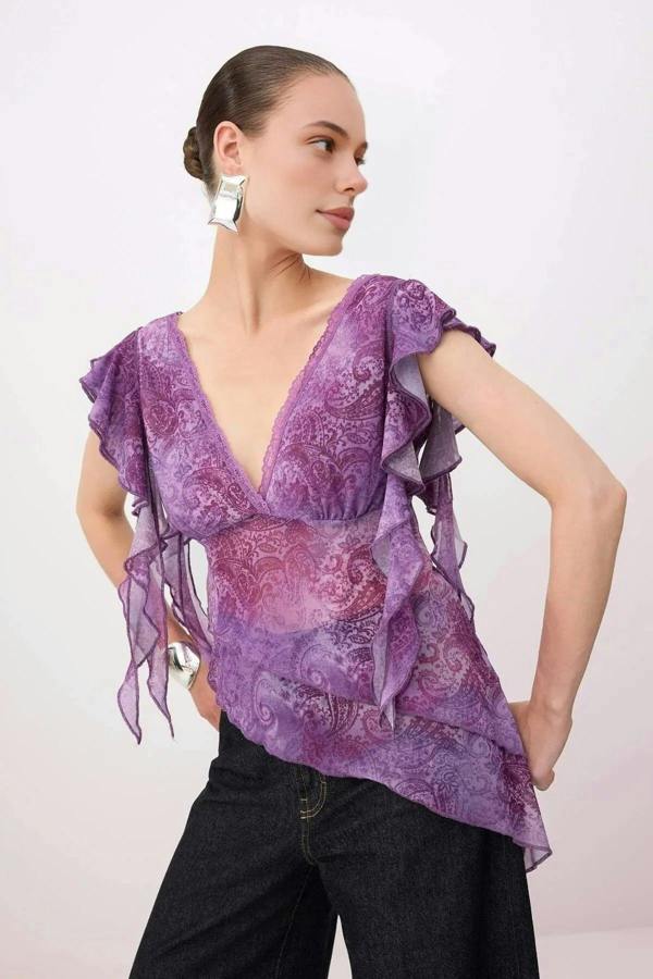 WOVCOR Asymmetrical Tulle Blouse with Lace Details