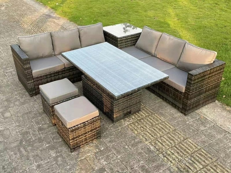 Fimous Dark Grey Mixed Wicker Rattan Corner Sofa Garden Furniture Rising Table Sets Footstool