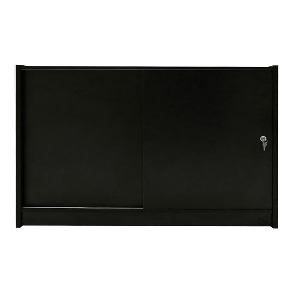 Sleek black LED retail shop counter C1500 with sliding doors and a lock, featuring a smooth, modern finish ideal for displays