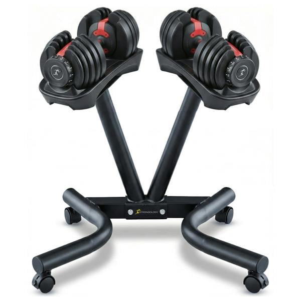 Strongology RELENTLESS24 Adjustable Dumbbell Pair (2.5-24kg) and POWERDOCK Stand 15-in-1 Quick-Select Weights Home Gym Bundle