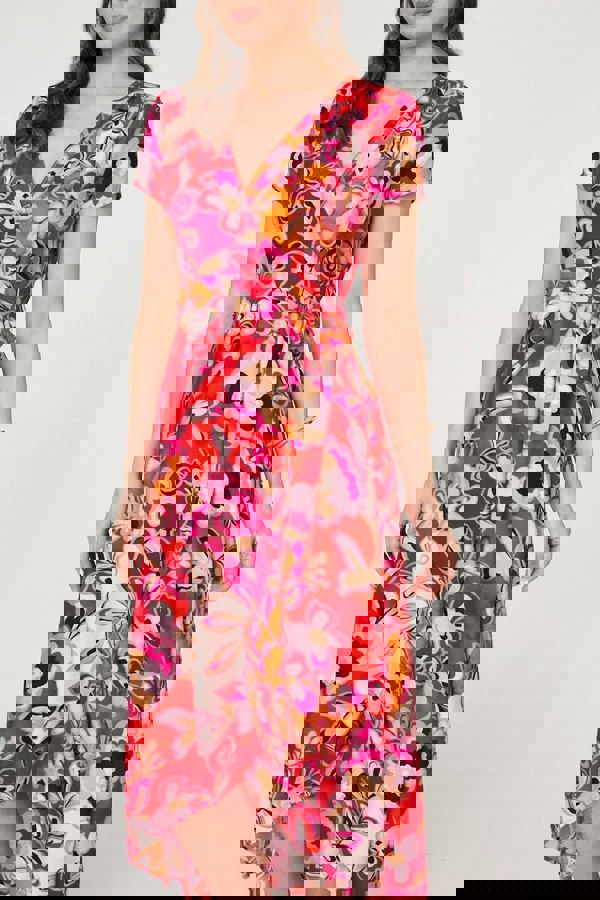 Red | Printed Short Sleeve Wrap Midi Dress
