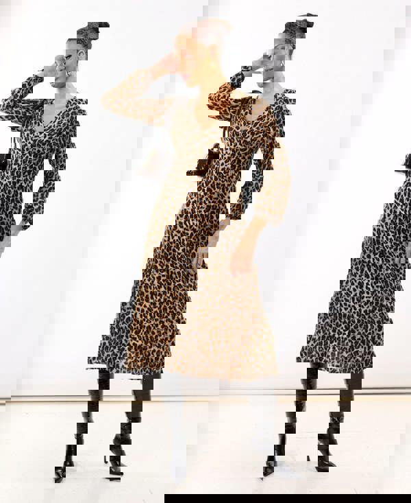 Brown Animal Printed Long Sleeve Midi Dress