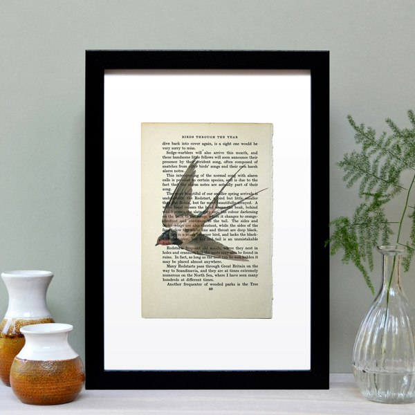 Hands & Hearts Swallow vintage book page art print