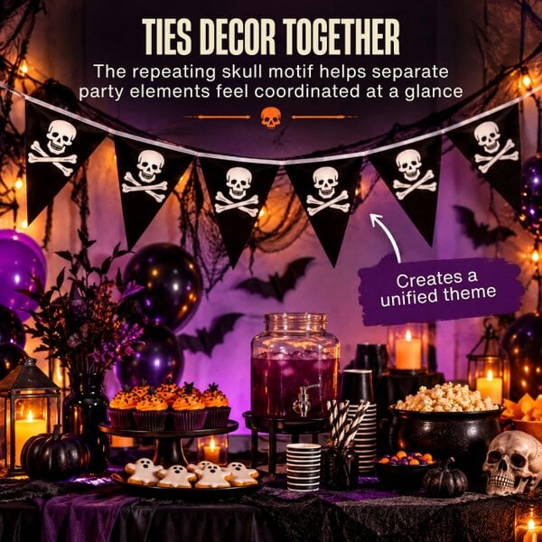 Shatchi 6m Pirate Bunting with Black Skull and Crossbones Pennants for Parties and Displays