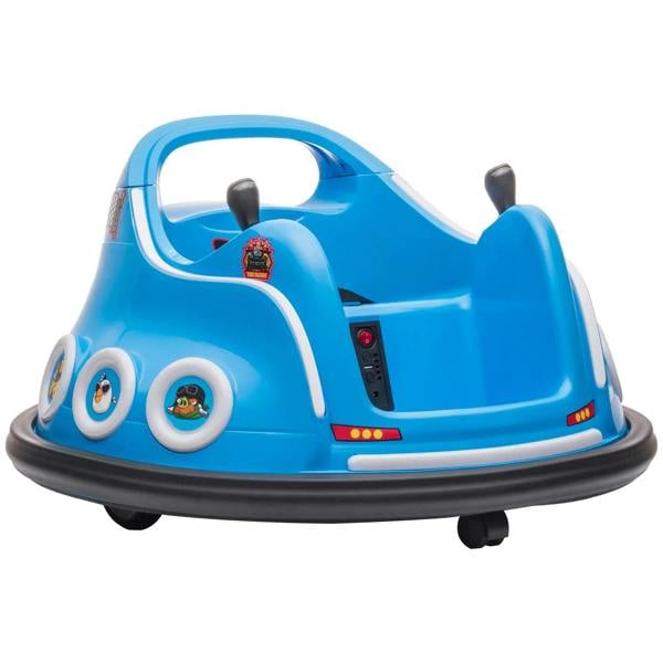 Blue kids bumper car ride-on with character graphic on front and clear windshield
