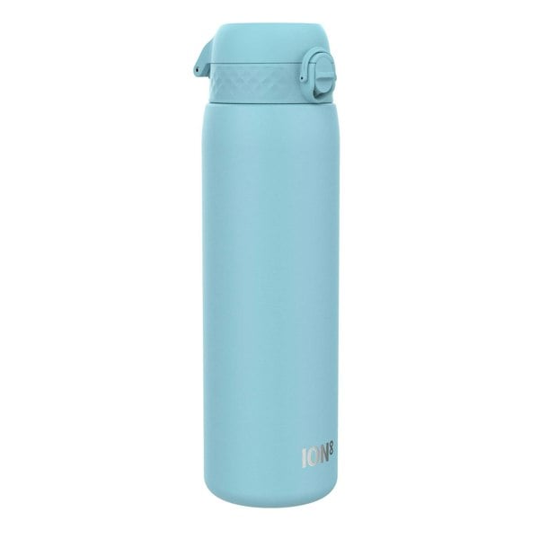 A light-blue water bottle stands upright against a white background. The bottle has a hinged lid and the word "ION8" is printed near the base.