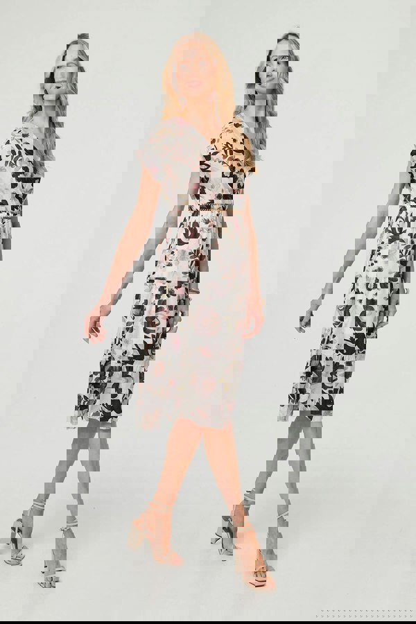 Brown | Floral Cap Sleeve Belted Wrap Midi Dress
