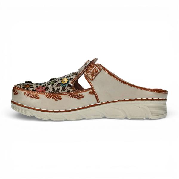 Laura Vita Dorry 01 - Women’s Floral Beige Leather Wedge Slipper
