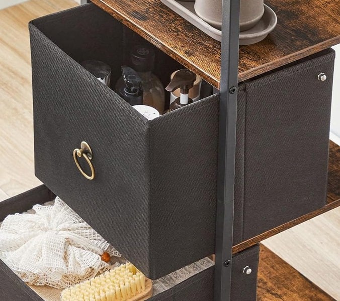Modcraft Tall Narrow Corner Storage Cabinet – 3 Fabric Drawers & 2 Open Shelves, Slim Bathroom Unit