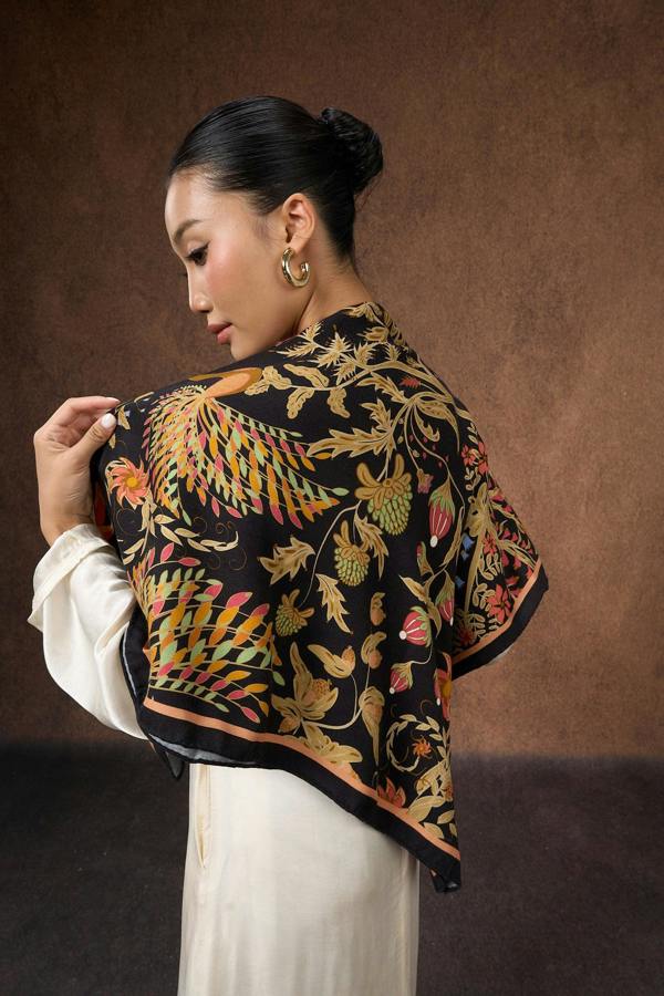 Phoenix Garden Wool Silk Scarf – Black Floral Wrap, Hand-Rolled Hem, Winter Gift