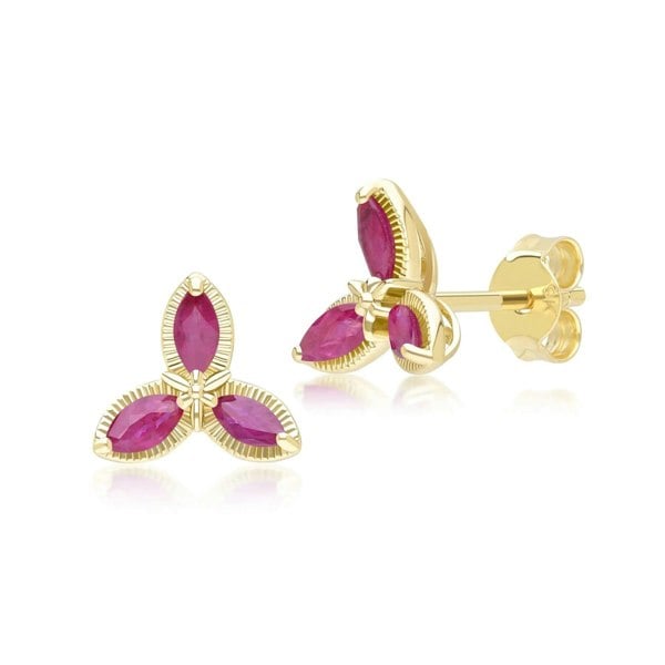 Gemondo Floral Marquise Ruby Stud Earrings in 9ct Yellow Gold