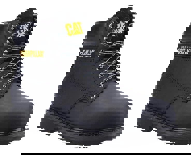 Caterpillar PowerPlant Mens SB Safety Classic Steel Toe Work Boots, black leather work boots with steel toe cap, metal eyelets, cushioned collar, and yellow Caterpillar logo on the tongue and side.