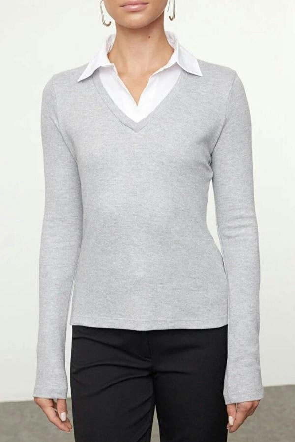 WOVCOR Woven Shirt Collar Knit Blouse
