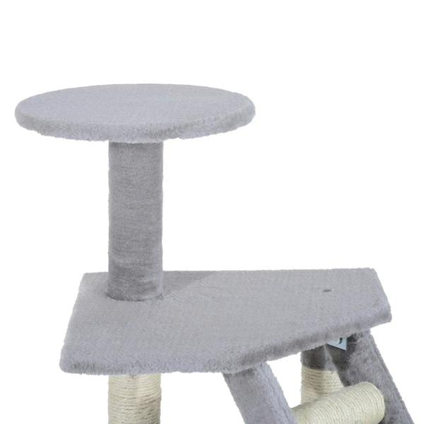 Grey round top perch with ramp and sisal scratching post on a cat tree