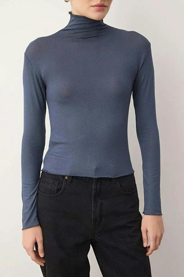 WOVCOR Transparent Stand Collar Flexible Regular Knit Blouse
