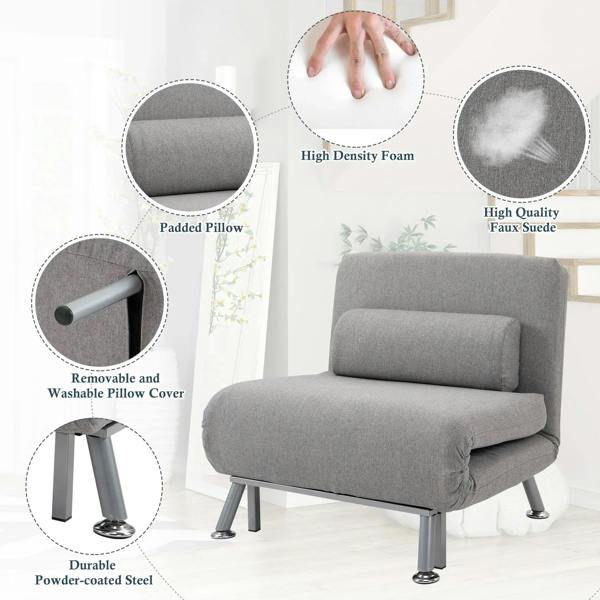 Grey upholstered adjustable back futon sofa chair with padded backrest and head pillow