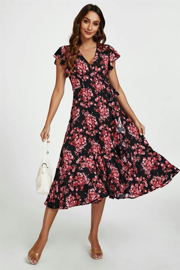 FS Collection Pink Floral Frill Sleeve Midi Wrap Dress In Black