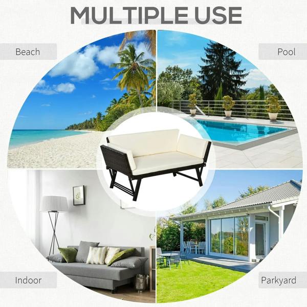 Brown rattan convertible sofa daybed with cream cushions and two-seat backrest